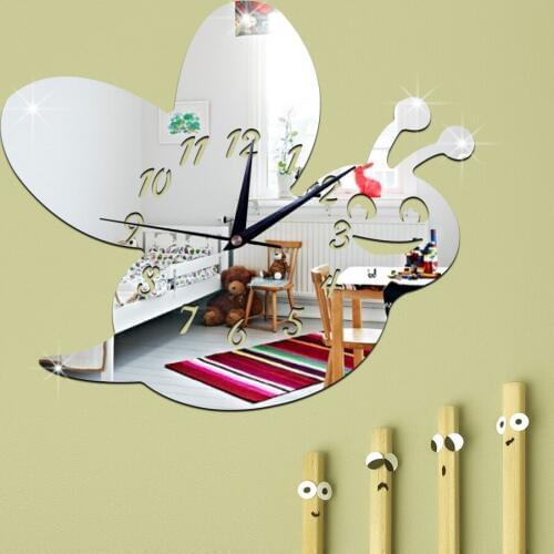 New environmental protection mute children room bedroom fashion clock cute little bee mirror wall clock