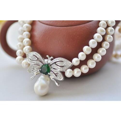 P7153 2Row 18mm White Round & Keshi Reborn Pearl Choker Necklace Pendant