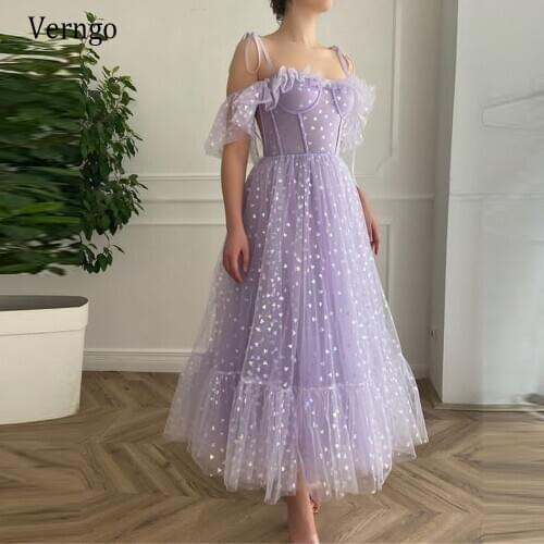 Verngo New 2021 Lavender Tulle With Heart A Line Prom Dresses With Ribbon Tie Off the Shoulder Tea Length Formal Party Gowns