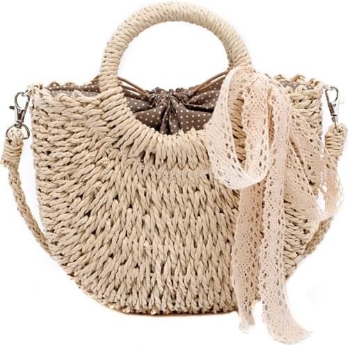 Casual Beach Shoulder Crossbody Bag Straw Bag Women Hand-Woven Handbag Moon Shape Lace Bow Rattan Bag Big Capacity Drawstring