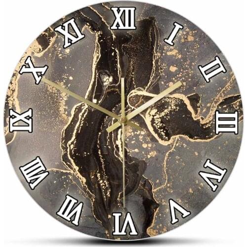 Luxury Abstract Fluid Art Painting Modern Design Wall Clock Black Gold Marble Printed Clock Silent Movement Watch For Bedroom