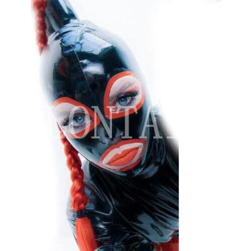 Sexy exotic Lingerie unisex handmade Latex hoods mask with red wig twist braid back zipper cekc fetish uniform costume zentai