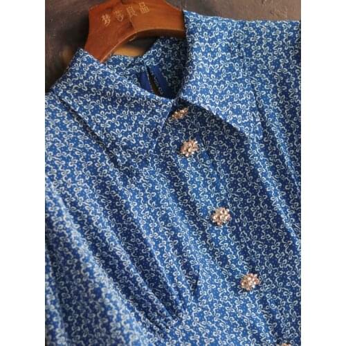 French style holiday series white skin lining blue flower crystal button silk shirt collar dress new in spring