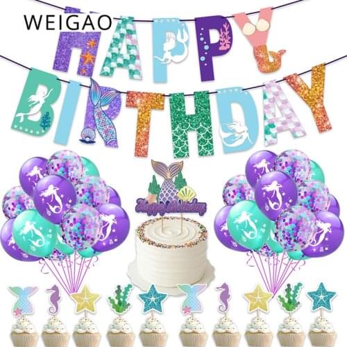 Little Mermaid Theme Birthday Party Happy Birthday Banner Cupcake Topper Under The Sea Girls Birthday Baby Shower Party Supplies