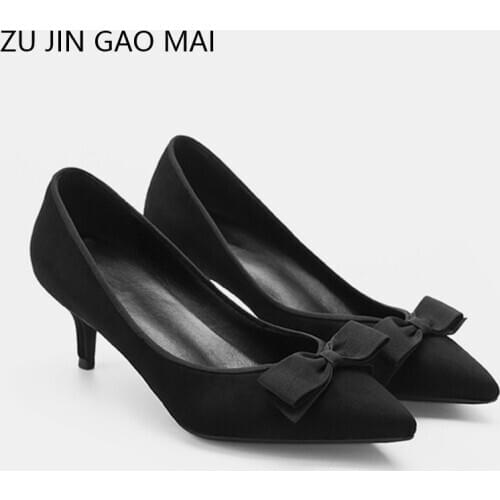 Black Flock Bowknot High Heels Shoes Woman Basic Pumps 2021 Fashion Suede Work Single Shoe Fashion Bowknot High Heels Women Shoe