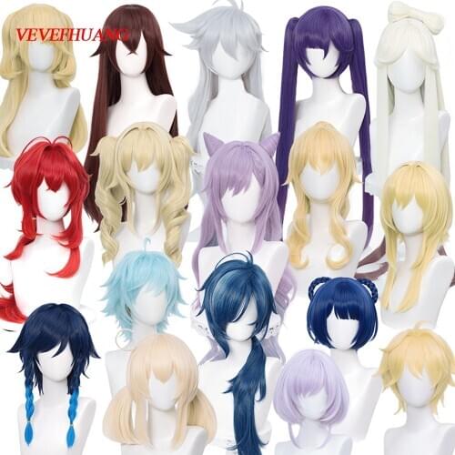VEVEFHUANG Kосплей Genshin Impact Venti Keqing Barbara Fischl Kaeya Lumine Aether Amber Cosplay Wigs Heat Resistant Synthetic