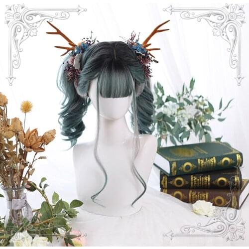 High Quality Lolita Dark Green Dyed Gray Gradual Change Air Bangs Long Curly Hair Wig Cosplay Party