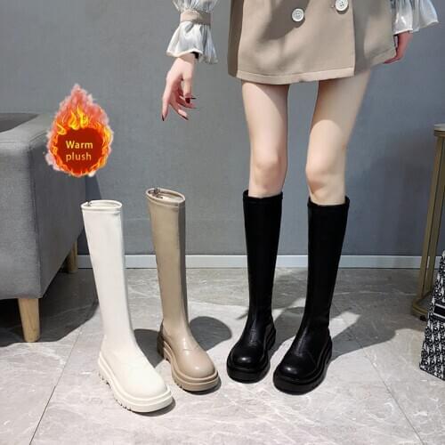 Women Black Long Boots Zipper Elastic Leather Knee-High Thigh Round Toe Chelsea Boot Female Fashion Casual Winter Boots