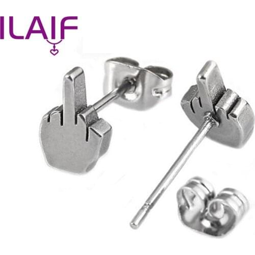 European Personality Provocative Middle Finger Titanium Steel Women Earrings Studs Girls Ear Jewelry
