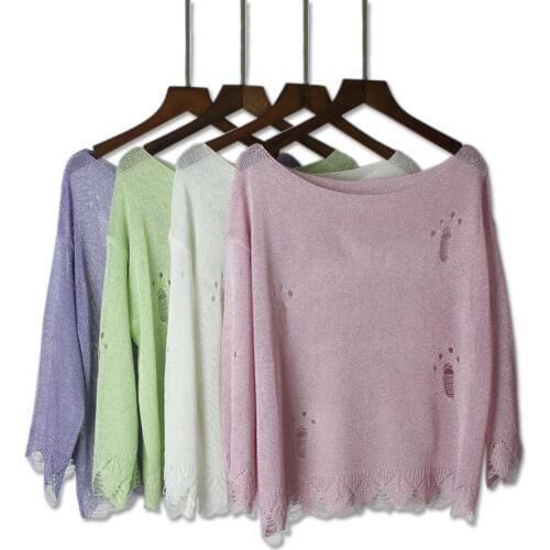 2018 Autumn Fashion Knit T Shirts Women New Solid Color Casual Ladies T Shirts Hole Loose Tops Wild Women Clothing