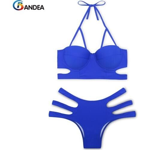 BANDEA swimwear 2019 push up bikini set blue black solid women swimsuit high neck sexy maillot de bain HA305