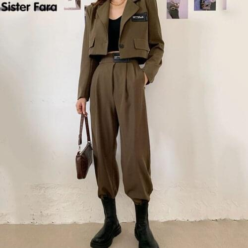 Sister Fara New Spring 2021 Single Breasted Short Blazers Jacket Woman Set+High Waist Pencil Pants 2Piece Set Autumn Office Lady