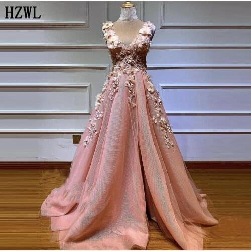 3D Flowers Pink V-Neck Prom Dresses 2020 Sleeveless Tulle Beaded Split Elegant Evening Gown платье на выпускной robe de soiree
