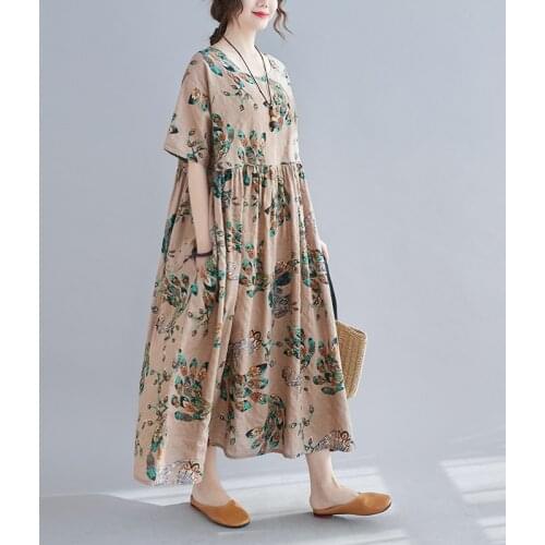 Print Floral Vintage Dress Plus Size 5XL 6XL Loose Summer Dress Soft Cotton Linen Women Holiday Travel Casual Long Women Dress