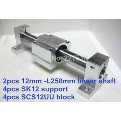 12mm linear set: 2pcs 12mm - 250mm linear round shaft +4pcs SK12 shaft support+4pcs SCS12UU linear bearing block