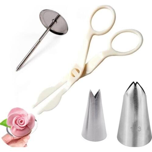 4PCS/lot 2 Leaf Rose Flower Pastry Nozzle Tips + 1 Piping Flower Scissors + 1 Cream Tray Stand Transfer DIY Cake Decorating Tool