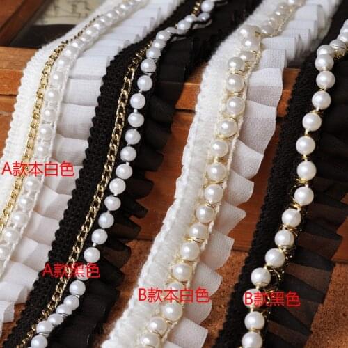 46Yards Wholesale Pearl Beaded Cotton Chiffon Embroidered Chain Lace Ribbon Trim Fabrics Handmade DIY Wedding Dress Sewing Craft