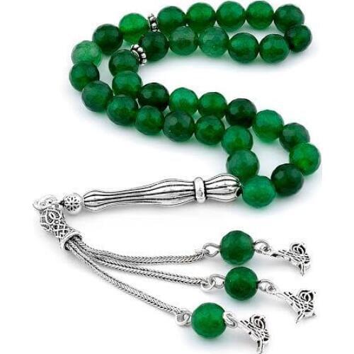 925 Sterling Silver Handmade Rosary with Ottoman Sign Motif and Agate Stone
