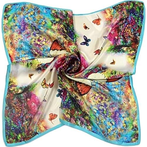 [BYSIFA] Chinese Women Small Square Silk Scarf Spring And Autumn Female Silk Scarf New Butterfly Pattern Satin Scarves 55*55cm