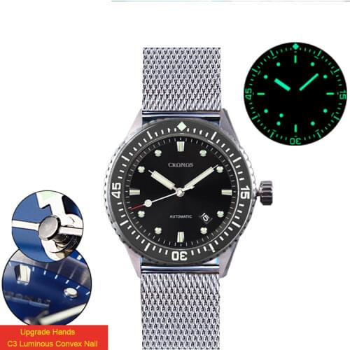 CRONOS Daily Mens Watch Sunray Dial Automatic NH35 Movement 20ATM Waterproof Rotating Ceramic Bezel Rubber Band Watches For Man