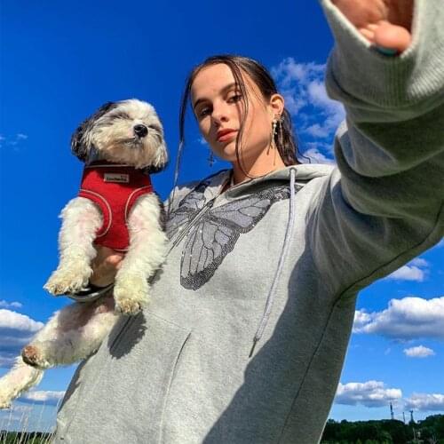 Y2K Fashion Oversized Butterfly Graphic Rhinestone Zip Up Hoodies E-girl 90s Streetwear Diamond Grey Long Jacket