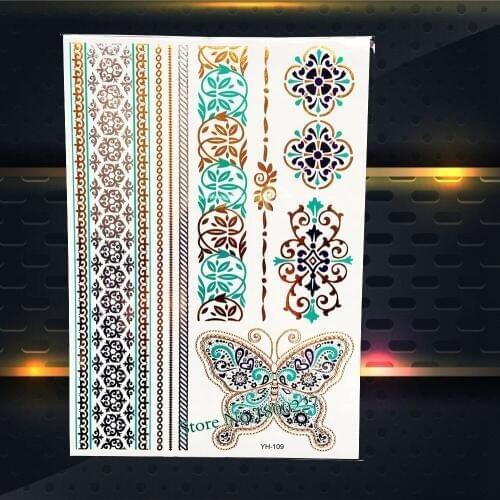 Flash Gold Metallic Tattoo Lace Jewel Butterfly Bracelet Design Women Henna Waterproof Body Art Temporary Tattoo Sticker PYH-109
