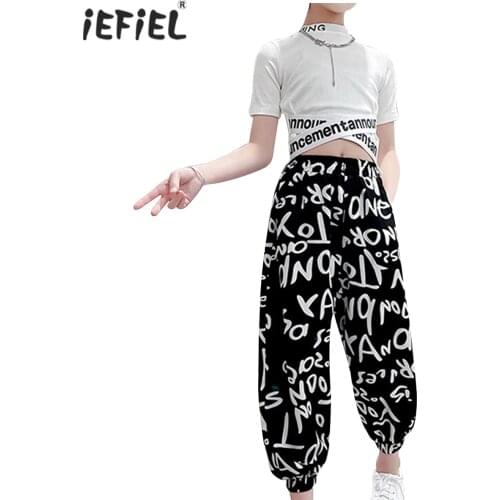 Teenage Girls Clothing Sets Kids Jazz Outfit Hip Hop Girls Clothes 2Pcs Letter Print Cross Cropped T Shirt Pants Tracksuit Set
