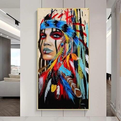 Indian Girl Pop Art Canvas Art Wall Paintings Watercolor Indian Woman With Feather Posters And Prints For Living Room Wall Decor
