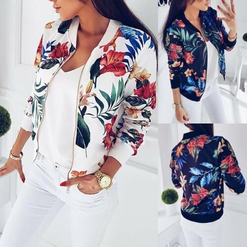 Fashion Womens Ladies Retro Floral Zipper Up Bomber Jacket Casual Coat Outwear