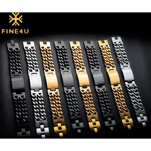 FINE4U B522 Mens Vintage Stainless Steel Black Cross Spanish Bible Lords Prayer Link Wrist Bracelet for Religious Jewelry