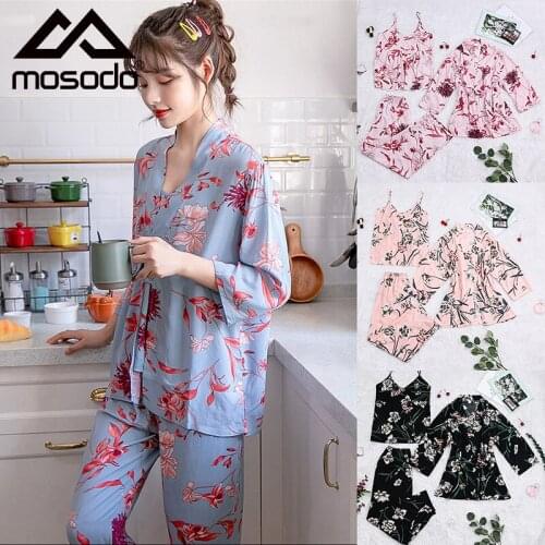 Mosodo Sleepwear Women Cotton Pajamas Set Girl Nightwear Loose Sling Three Piece Thin Long Sleeve Stretchy Home Clothes