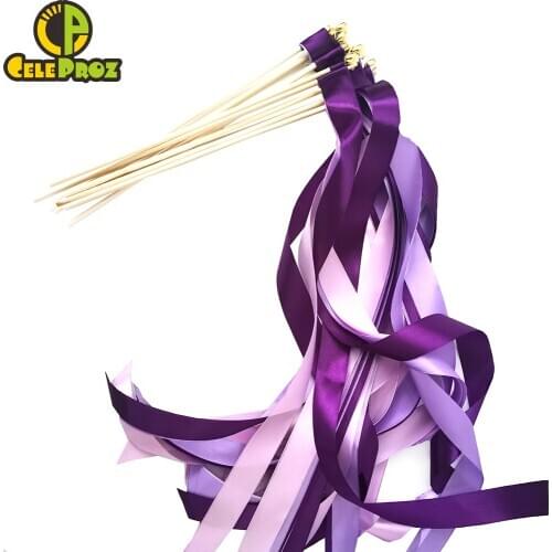 50Pcs Ribbon Wands Purple Silk Ribbon Streamers Wedding Delicate Ribbon Fairy Stick Cheer Props Party Supply Favors With Bells
