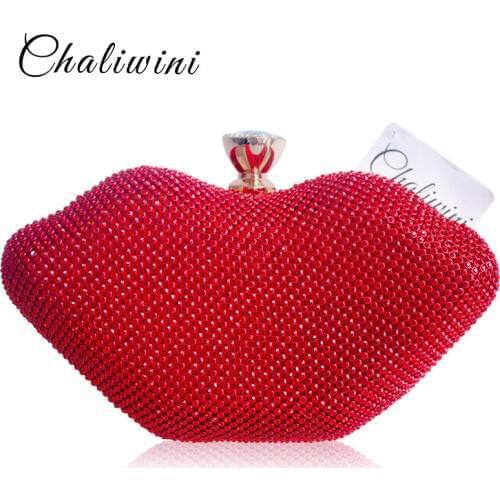 Sexy Female Red Lips Crystal Purses and Handbags Ladies Metal Day Toiletry Punk Party Wallet Women Shoulder Evening Clutch Bag