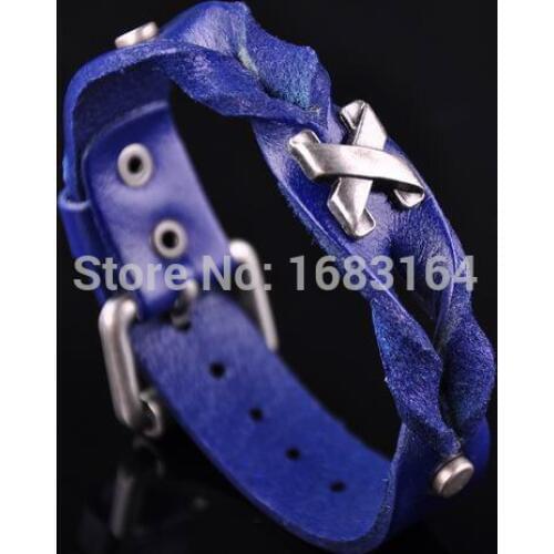 S517 RETRO METAL X STUDDED GENUINE LEATHER BRACELET WRISTBAND MENS Blue