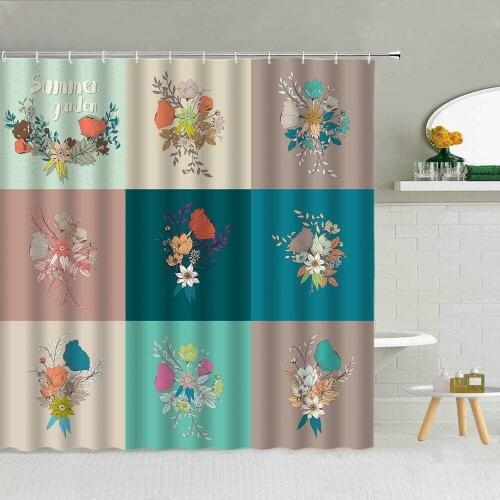 Summer Garden Floral Plaid Shower Curtain Flower Green Leaves Bathroom Decor Accessories Waterproof Fabric Hooks Curtains Set