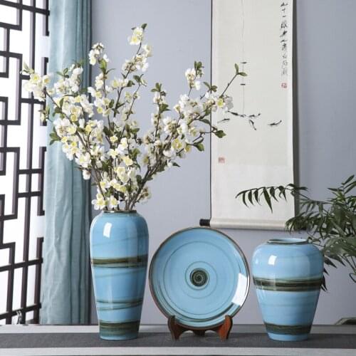 Modern Blue Vase Ceramic Chinese Plate set Home Decor Desktop Decoration Showroom Fashion Decorative Countertop Vase
