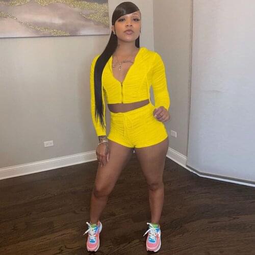 Tracksuit Women 2 Piece Sets Womens Outfit Fitness Long Sleeve Hooded Zipper Jacket Biker Shorts Solid Summer Sportswear Suit