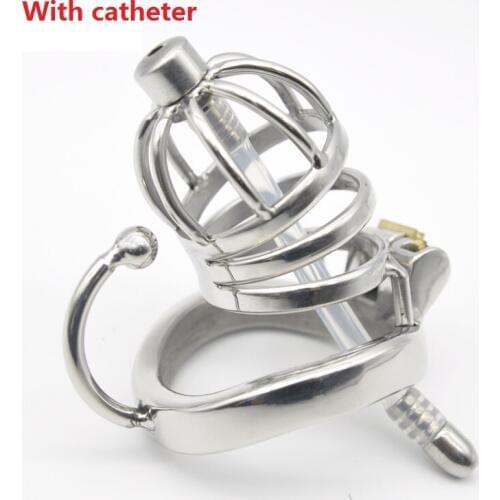 2018 Dormant Lock Design Short Male Stainless Steel Cock Cage Penis Ring W Silicone Catheter Chastity Device BDSM Sex Toy C275