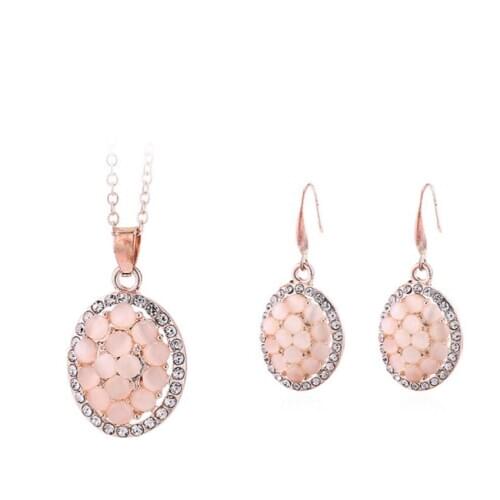 Light Yellow Gold Color Alloy Cat Eye Stone Pendant with Rhinestone Necklace Drop Earrings for Elegant Women Jewelry Sets