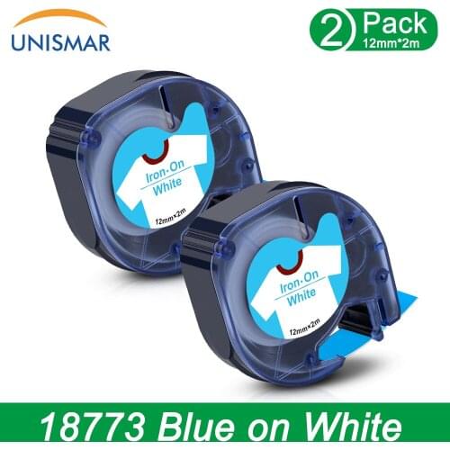 Unismar 12mm for Dymo LetraTag Fabric Iron-On Blue on White Label 18773 18772 18775 Clthoes Label for LT-100T LT-100 Label Maker