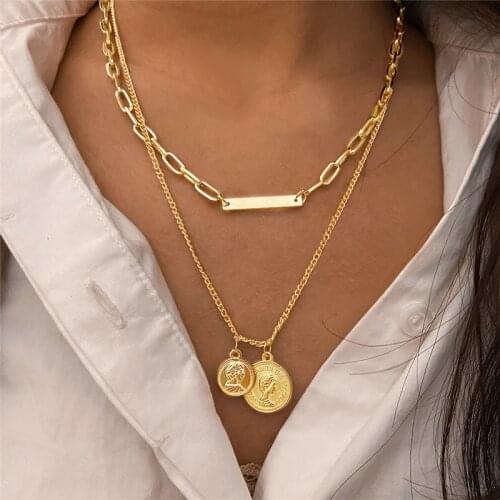 Bohemian Style Gold Color Portrait Pendant Necklace for Women Vintage Multi Layer Chain Necklace Jewelry 2021 Fashion Statement