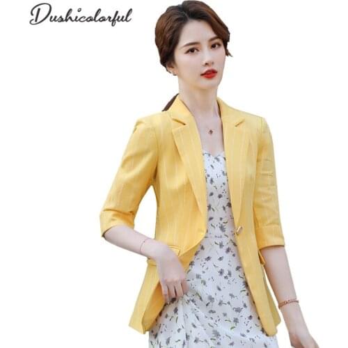 Womens Blazer Summer Chic Slim Yellow One Button Female Suit Jacket Half Sleeve Outwear Striped Blaser Girly Coat 2021 Tops