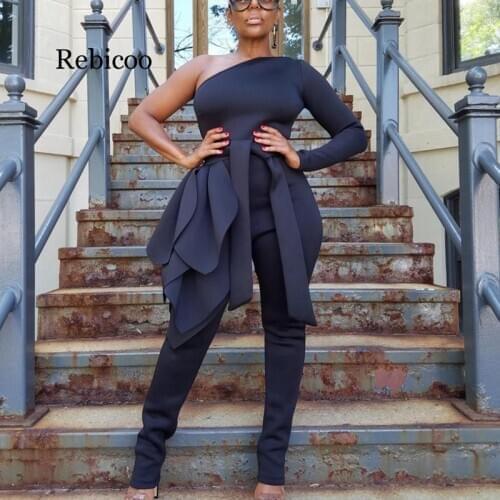 Women Plus Size One Shoulder Long Sleeve Cascading Ruffle Design Bodycon Jumpsuit Skinny Streetwear Female Overall