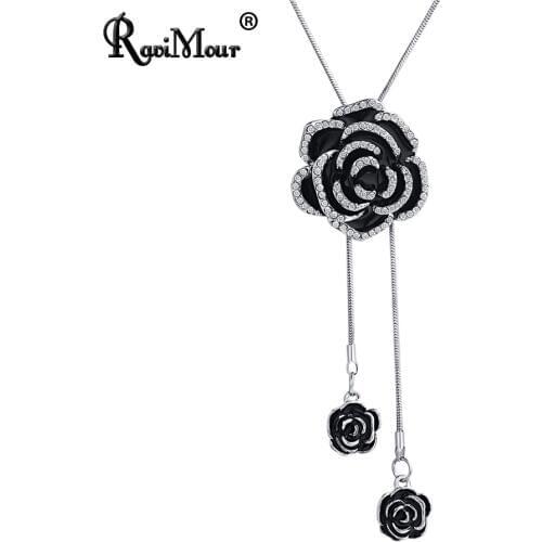 RAVIMOUR Black Rose Flower Long Necklace Women Fashion Statement Necklaces & Pendants Silver Color Chain Choker Jewelry New