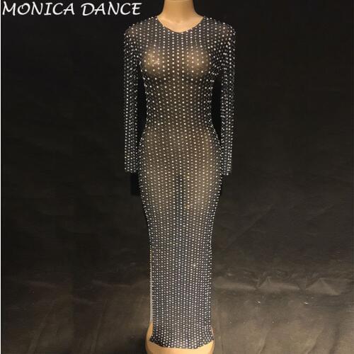 Women 2 Colors Sexy Stage Net Yarn Dress Pearls Silver Bling Sparkling Crystals Nightclub Party Stage Wear Singer Dance Costumes