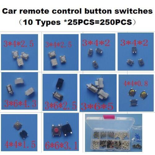 10 Types * 25PCS Tactile Push Button Switch Micro Switch Car remote control button switches For Honda Hyunda VW Peugeot Toyota
