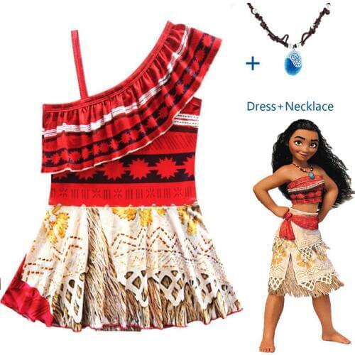 2018 Summer swimming Kids Princess Party Dress Moana Clothing Girls Dress Set with Necklace baby Vaiana girls Cosplay Clothes
