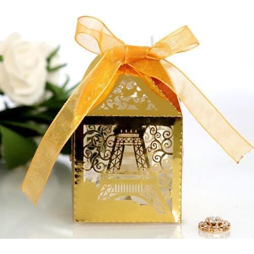 50pcs Eiffel Tower Candy Boxes Sweets Favor Gifts Boxes With Ribbon For Teachers' Day Birthday Easter Wedding Party Decoration