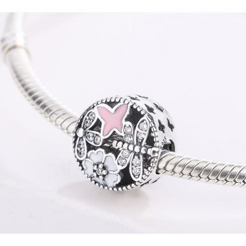 925 Sterling Silver Pink Enamel Butterfly And Flower CZ White Zircon Pendant Charm Bracelet DIY Jewelry Making For Pandora