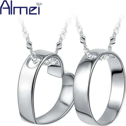 Almei Fashion Choker Necklace Jewelry Round Heart Couple Necklaces Pair Pendants Men Women Silver Color Free Chain Gifts N240